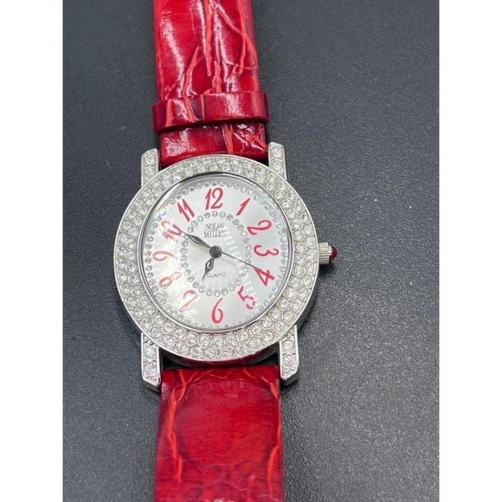 Nolan Miller Vintage quartz watch red leather band‎ rhinestone bezel